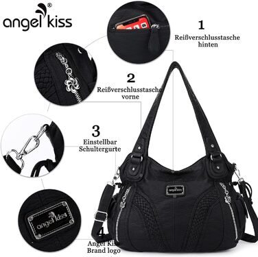 Сумка жіноча AngelKiss через плече, чорна, PU шкіра, водонепроникна, багатофункціональна з кишенями на блискавці