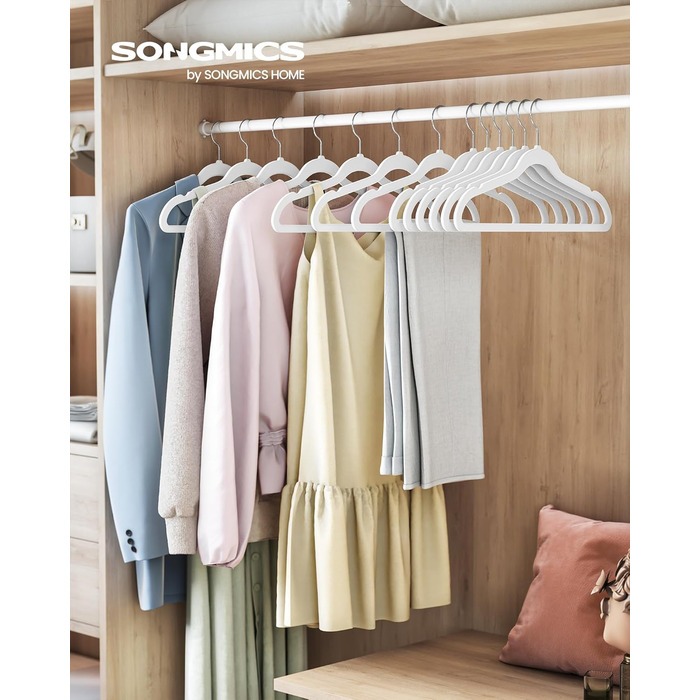 SONGMICS Плечики для одягу з оксамиту, 20 шт., для сорочок, жакеток, пальто та костюмів, білі, 41,5 см, обертаються на 360°