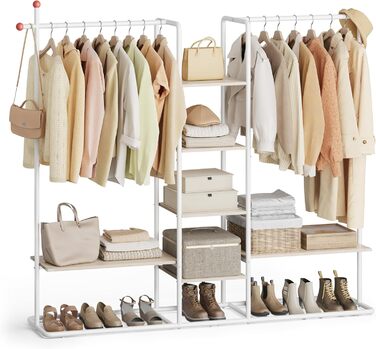 SONGMICS Стійка для одягу з відкритими полицями, 6 поличок, 2 перекладини, гачки, для спальні, приглушено-бежевий + матовий білий, RGR012K01