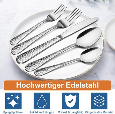 Набір столових приборів Joyfair на 6 осіб (30 предметів), нержавіюча сталь, молоткова обробка, ніж, виделка, ложка, елегантний столовий прибор для дому/вечірки/ресторану, високоглянцевий, придатний для миття в посудомийній машині
