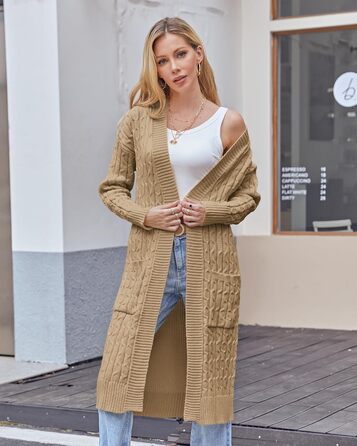 Жіночий в'язаний кардиган Saodimallsu великої в'язки, оверсайз, відкритий спереду, з кишенями, хакі, XL