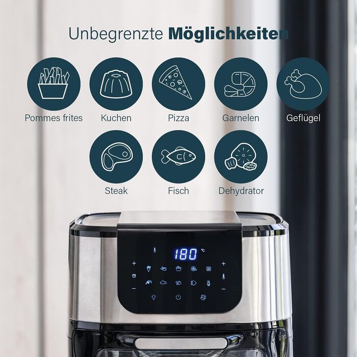 Princess Aerofryer Oven Deluxe - 11 Liter Capacity; 1800W; 65-200°C; 10 Programs; incl. Rotating Basket, Rotisserie Spit, 3 Baking Sheets, Crumb Tray, Handle, 182075, Black/Silver REGULAR 11L