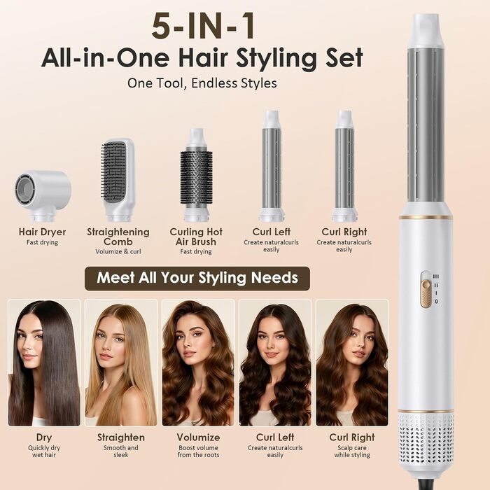 Мультистайлер для волосся 5 в 1 Airstyler 1000W: фен-щітка, автоматичний стайлер для кучерів, об'єму та випрямлення, 3 режими температури