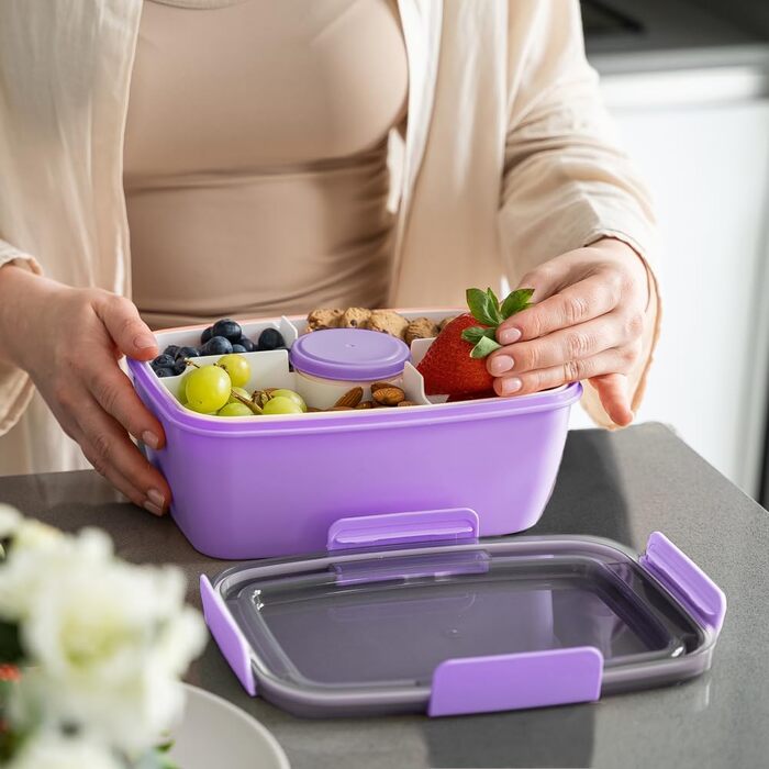 Ланчбокс Bugucat 2000 мл, непромокаючий, з відділеннями, для дітей та дорослих, салатовий контейнер, з виделкою, для школи, пікніка, чорний (2000 мл - фіолетовий)