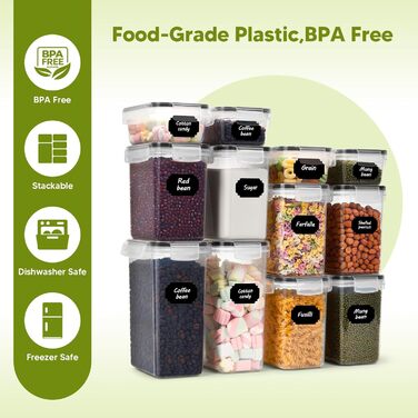 Набір контейнерів для продуктів на 20 штук з кришкою, герметичні, BPA-free, з етикетками, для зберігання круп, борошна, мюслі, кухонний органайзер