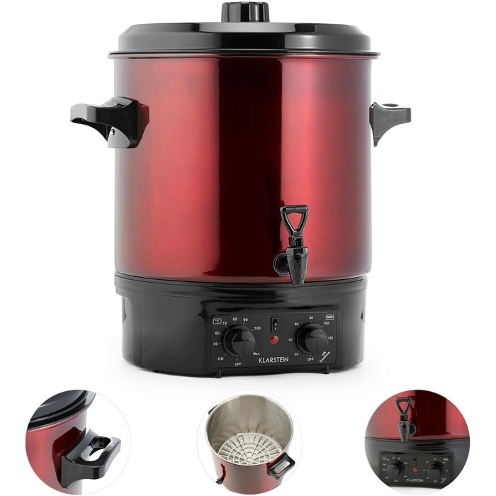 Klarstein Biggie Small - Canning Machine, Canning Pot, Preserving Pot, Mulled Wine Machine, Electric, 16L Capacity, 2000 Watt, Adjustable Temperature, Timer up to 120 Minutes, (Red, 27 Liter (analog))