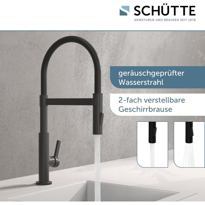 Чорний матовий змішувач для кухні SCHÜTTE 79147 MIAMI з висувною магнітною лійкою та 360° поворотом, з Soft Touch шлангом, однорідний важіль