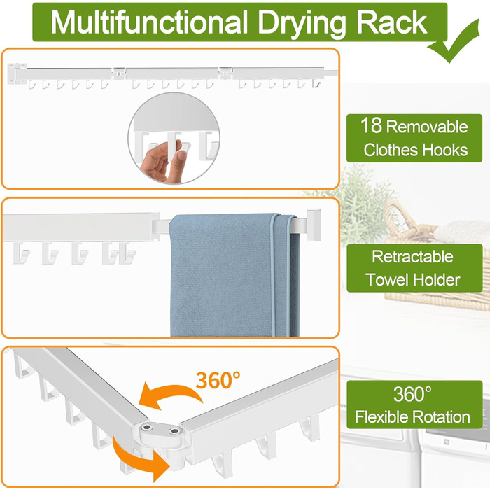 Настінна сушарка для білизни, розкладна, 3-секційна, біла. Максимальне навантаження 68 кг, 120 см (50 дюймів у складеному стані). Економія місця, ідеально для невеликих осель, білий колір.