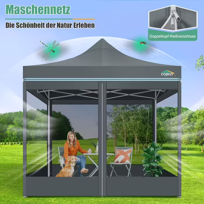 COBIZI Pavilion 3x3m Foldable, Waterproof & Winter-Proof – Stable Garden Tent with 23mm Steel Pipe, UV50+ and Mosquito Nets for Camping/Parties + Carry Bag (Gray, 3mx3m)