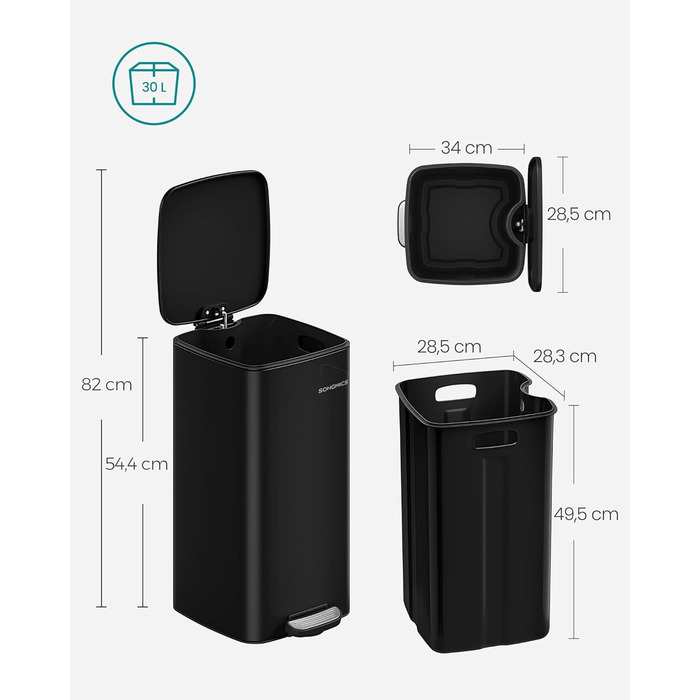 Сміттєве відро SONGMICS для кухні з механізмом закривання Softclose, 30 л, чорний (LTB592E01)