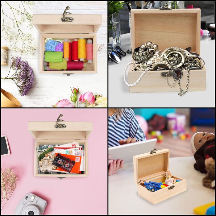 BELLE VOUS Natural Wooden Boxes (Pack of 6) - 5.8 x 4.0 x 2.5 inches - Blank Wooden Boxes with Hinged Lid & Front Closure - Jewelry Boxes to Decorate, Craft & Hobbies
