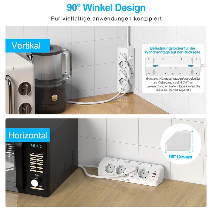 Мережевий адаптер PD 20W з плоским штеплером, розетка FDTEK на 4 слоти з індивідуальним вимикачем, 4000W, 16A, USB-C, розетка для столу з вимикачем, настільна розетка з кабелем 2м (білий)