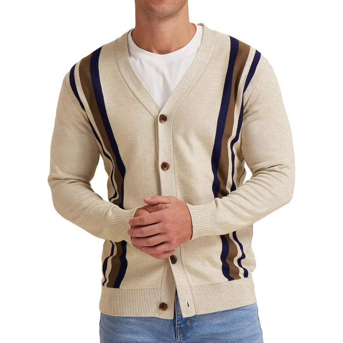 Чоловіча в'язана кофта NITAGUT з вінтажним смугастим дизайном, довгі рукави, V-подібний виріз, ґудзики (L, Смугаста, Бежево-коричнева)