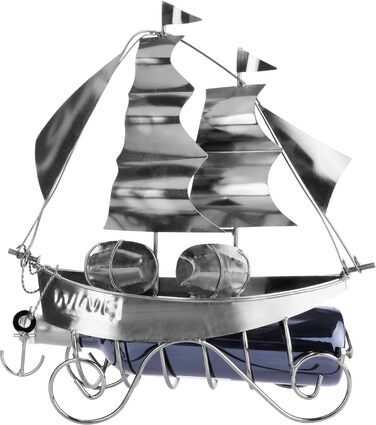 BRUBAKER Wine Bottle Holder Sailing Ship - Bottle Stand Sculpture made of Metal with Gift Card - Silver Wine Gift, Height 39 cm