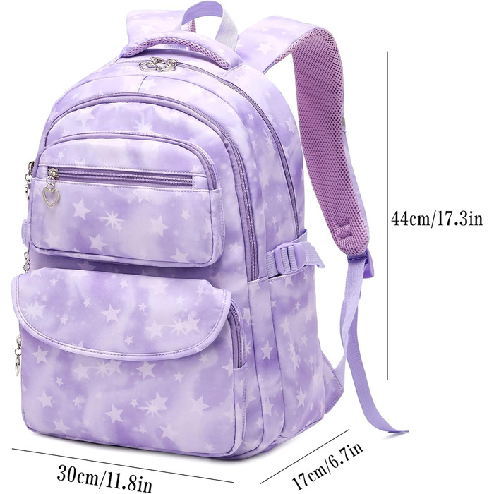 Шкільний рюкзак Tanou для дівчаток 3 шт. з ланч-боксом та пеналом, дихаючий, легкий, 22 літри, для 3-9 класів, фіолетовий зірковий принт