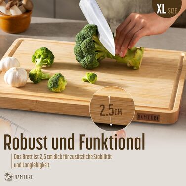 Обробна дошка Stirnholz з бамбуку, XL (45x30 см) – преміум якість, з жолобком для соку, антиковзні ніжки, в подарунковій коробці