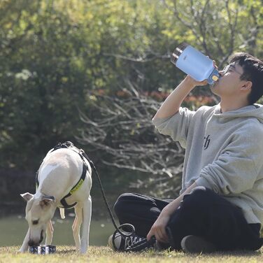GiNT Ізольована пляшка для води з нержавіючої сталі для собак та людей, туристичний набір з мисками та сумкою, не протікає, для прогулянок, походів, кемпінгу, авто (Блакитний)
