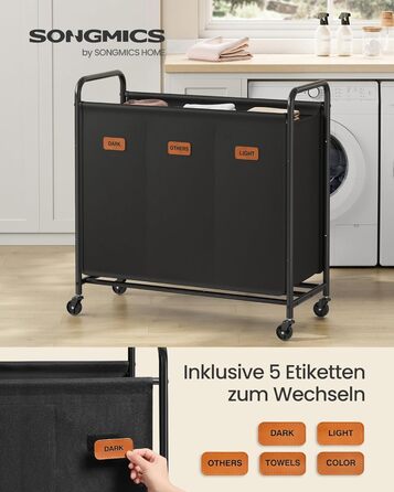 SONGMICS Laundry Basket with Wheels, 3-Compartment Laundry Sorter, 170 L Laundry Sorter, Mobile Laundry Cart, 5 Labels, for Laundry Room, Bedroom, Bathroom, Ink Black RLS330B01