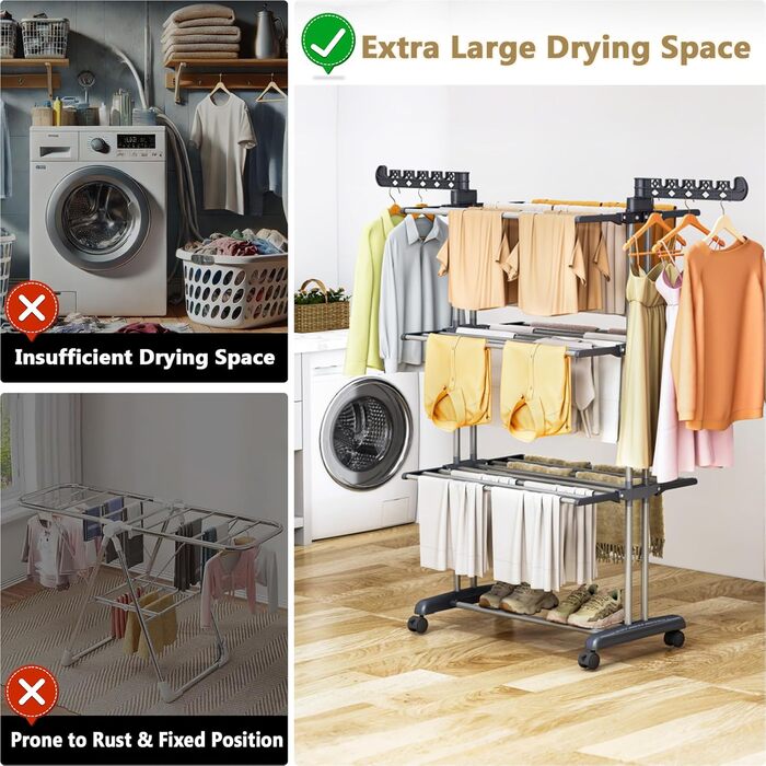 Сушарка для білизни 4-ярусна великої місткості з роликами, стабільна з нержавіючої сталі, для дому/на вулицю, сірого та чорного кольорів