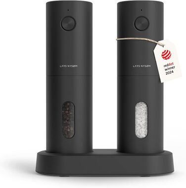 LARS NYSØM Electric Salt and Pepper Grinder Set of 2 with Adjustable Ceramic Grinding Mechanism from Coarse to Fine | Design Spice Grinder Set Automatic (2 Pieces) (Carbon Black)