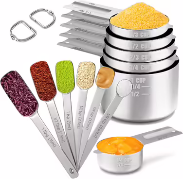 Stainless Steel Measuring Cup and Spoon Set for Cooking and Baking, Nesting Measuring Cups, Measuring Spoons, Kitchen Utensils, 12 Piece