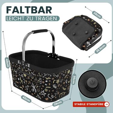 Складаний кошик для покупок на 30L з 4 стійками | Міцний кошик для перенесення та кошик для пікніка | Великий складаний кошик для сім'ї (46x27x25cm) | З м'якими ручками | Для покупок, подорожей, кемпінгу (30L, Чорний з новорічним принтом)