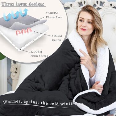 CHOSHOME Плед пухнастий, теплий, фланелевий, мікрофібра, 230x270 см (Чорний)