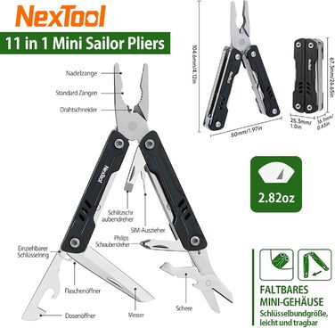 9-in-1 Mini-Multitool with Needle-Nose Pliers, Scissors, SIM Extractor, and Screwdriver - For Travel, EDC, TSA Approved, Blade-Free (Mini Sailor Lite) (Sailor S11-black)