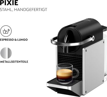 Кавова машина-капсульна Nespresso De'Longhi Pixie EN127.S, 19 бар, 1260 Вт, сріблясто-чорна, компактний дизайн, ECO-режим, дві програмовані кнопки