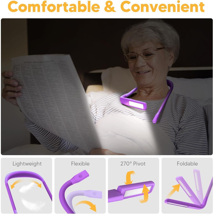 LED лампа на шию для читання Buch - 3 кольори, фіолетова. Лампа для читання в ліжку, в'язання, рукоділля. Подарунок для чоловіків.