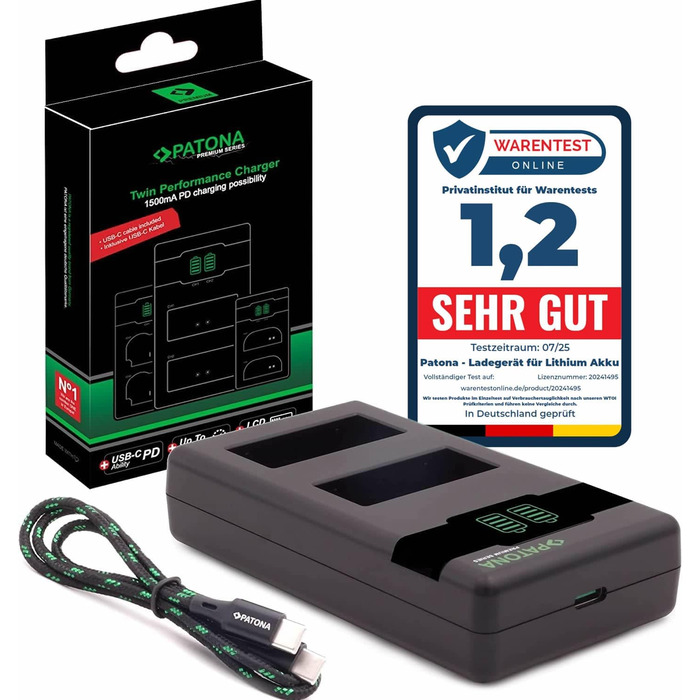 Зарядний пристрій PATONA NP-W126s/NP-W126 з дисплеєм LCD, USB-C, PD/QC, 1000mA - сумісний з X-M5, X100VI, X-S10, X-T20, X-T30 II, X-T5, X-T50 та ін.