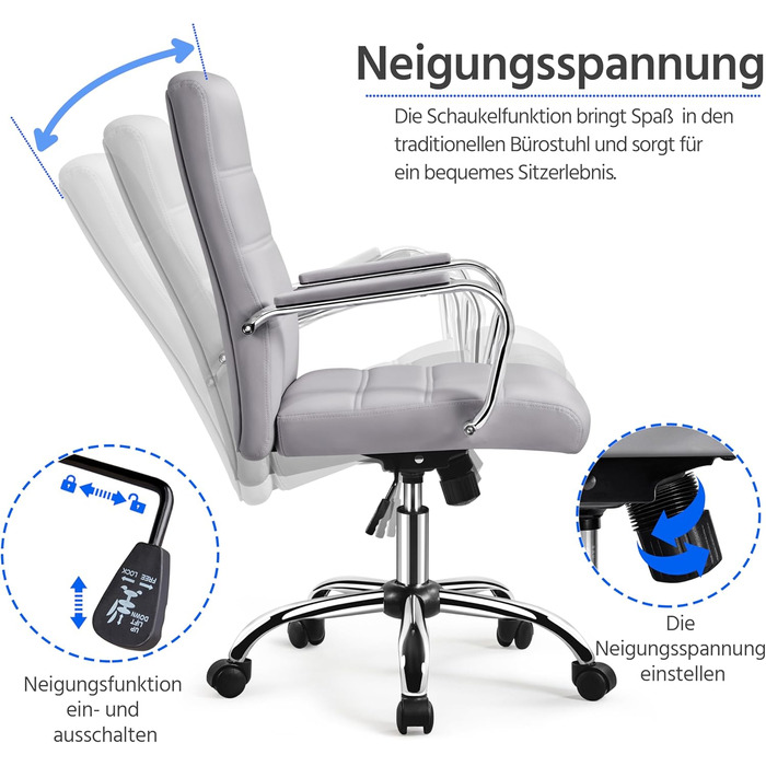 Офісне крісло Yaheetech: ергономічний, з підлокітниками, поворотний, до 130 кг, сірий