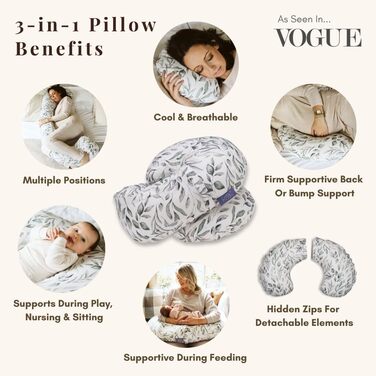 Подушка для вагітних BellaMoon 3-в-1: підтримка всього тіла, C-подібна форма для сну, годування та ліжка для малюка, знімний бавовняний чохол (Waterleaves)