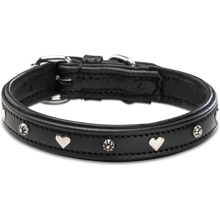 Нашийник для собак Jack Russell з натуральної шкіри чорного кольору з аплікаціями у вигляді серця та квітки, подвійний шар, розмір S (26.0-36.0)