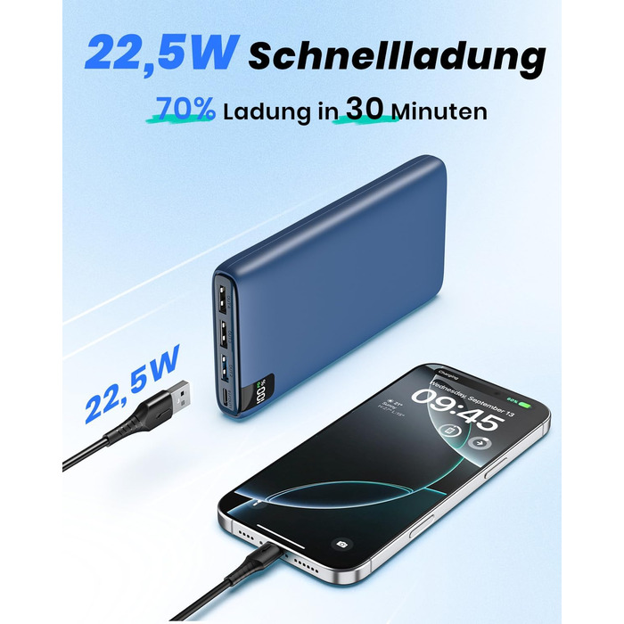 Power Bank Riapow 26800mAh з LED-дисплеєм, 4 виходи, USB-C, швидка зарядка 22.5W, блакитний