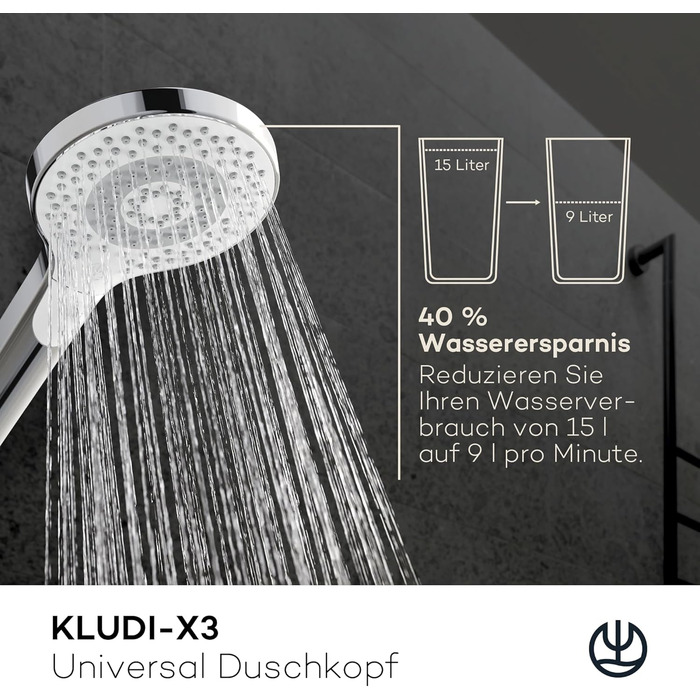 KLUDI-X3 Universal Shower Head with Hose, optional shower spray, water-saving with 3 spray patterns (Body, Hair, Skin), easy-to-clean shower head Ø 11.7 cm, shower hose 1.60 m