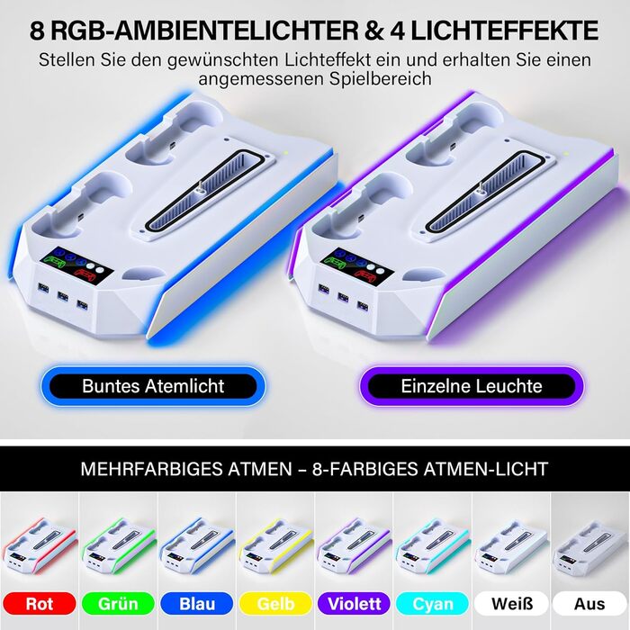 Підставка для PS5 Slim/Pro з зарядною станцією для контролера, RGB підсвічуванням, вентилятором, тримачем для навушників та USB хабом (чорний/білий)