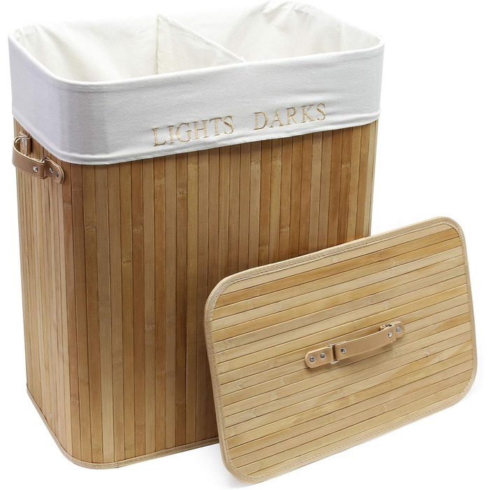Wiltec Laundry Box 105 L Natural Laundry Basket with Lid made of Bamboo, Foldable Laundry Box with Linen Bag and 2 Compartments for Sorting Dirty Laundry