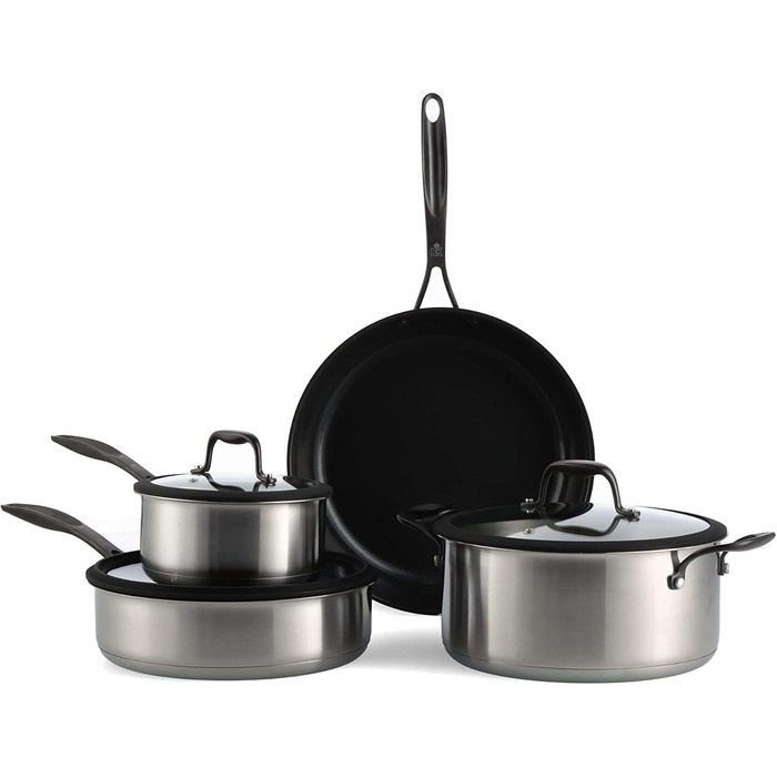Набір посуду BK Ceramic Black 7-piece з нержавіючої сталі з керамічним антипригарним покриттям без PFAS, чорний. Ідеально для приготування їжі на індукційних плитах, безпечний для миття в посудомийній машині та використання в духовці.