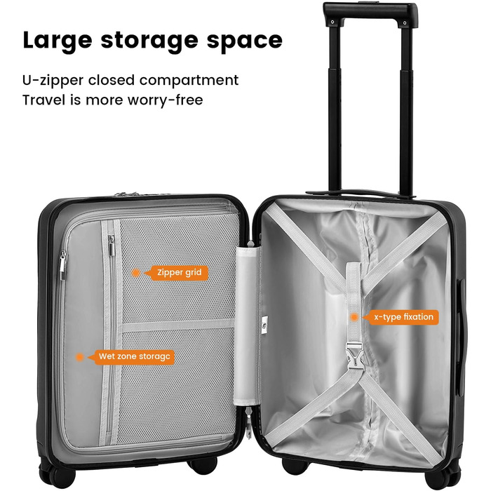 Чемодан ручної об'єм 20 дюймів з відділенням для ноутбука, легкий валіз з жорсткою оболонкою та TSA-замком, ручна поклажа на спінінгових колесах, USB-зарядний пристрій та тримач для напоїв, чорний