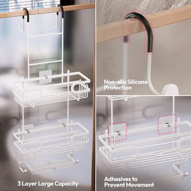 Настінна поличка для душу SWTYMIKI з 2 кошиками та 2 мильницями, з нержавіючої сталі, 14 гачків, білий колір