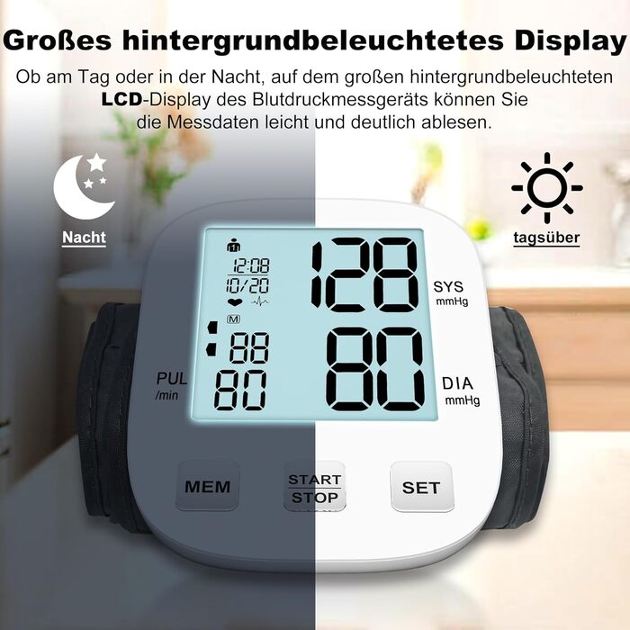 Цифровий тонометр на плече для дому, з регульованою манжетою та підсвічуванням дисплея (для людей похилого віку), білий