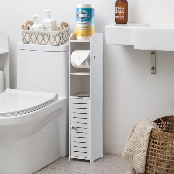 PVC Toilet Paper Holder with Brush - 2-in-1 Bathroom Cabinet - White, 76cm Tall with Roller