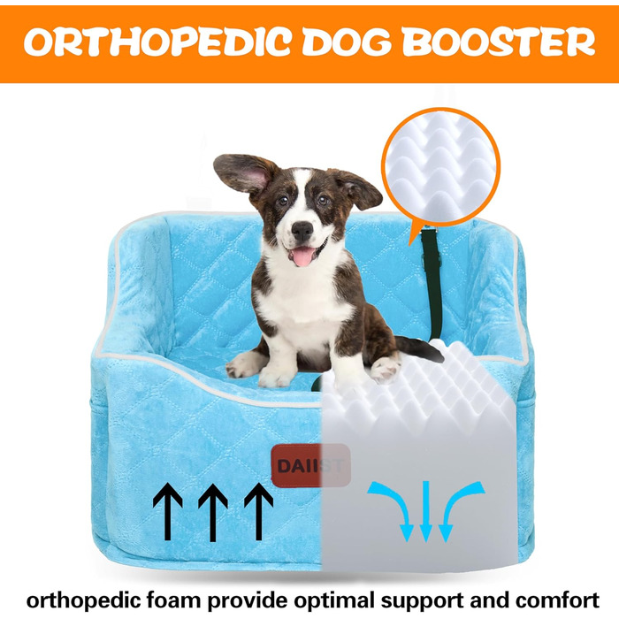 Автокрісло для собак - підвищення для собак малих та середніх порід, знімне, миється, до 15,9 кг, з кишенями для зберігання, Оранжеве/Блакитне