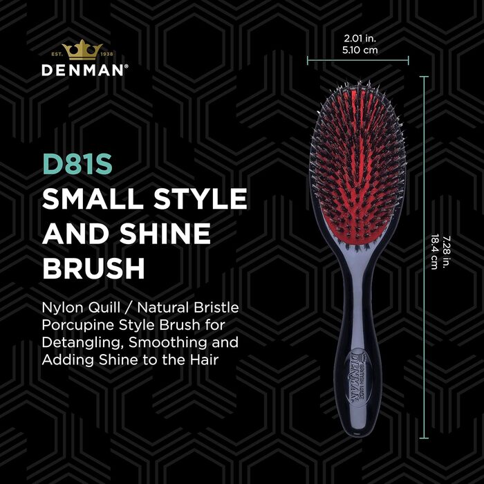 Щітка для волосся Denman Cushion Brush (Small) з м'якими нейлоновими щетинками та щетиною кабана - для розчісування, розплутування, випрямлення, сушіння феном та освіження волосся – чорна, P081S