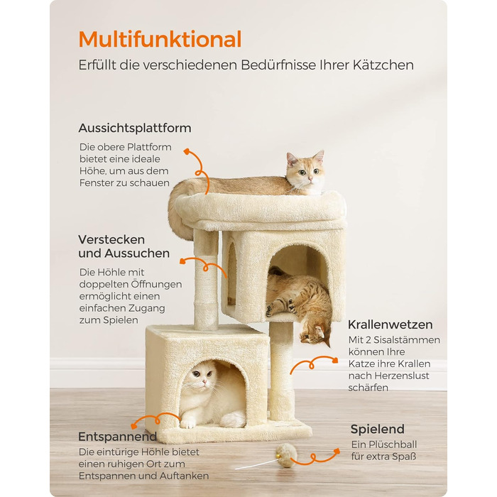 Feandrea Cat Tree Small, 67 cm Cat Tree, Kitten House for Kittens up to 3 kg, Large Platform, Sisal Posts, PCT611W01 (Beige)