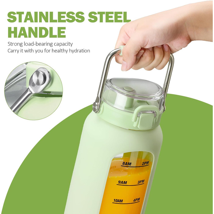 BLUEGO 2000ml Glass Water Bottle with Stainless Steel Handle and Time Marker 2L Motivation Glass Dryer with Silicone Case and Straw for Gym, Office, Outdoors, Sports Water Bottles BPA-free, (Light Green)