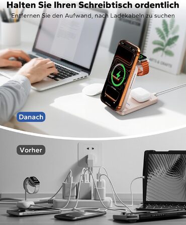 Бездротова зарядна станція KPON MagSafe 3-в-1 для iPhone 17-12, Apple Watch 11-2 та AirPods, складана швидка зарядка з адаптером 20W, Рожева