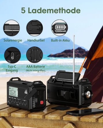 Радіоприймач Kurbelradio на 12000mAh з сонячною панеллю та ручкою, AM/FM/SW, з ліхтариком, USB-зарядкою, SOS-сигналом, для кемпінгу та надзвичайних ситуацій, зелений