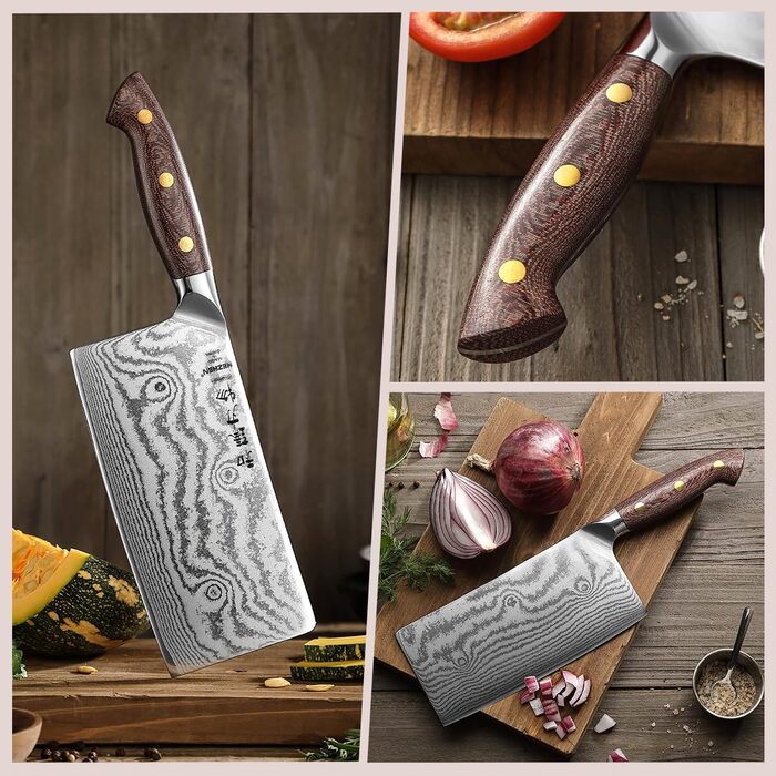 HEZHEN ніж кухарський 21 см дамаст 67 шарів, професійний ніж для кухні з дерев'яною піхвою, full tang ручка з Micarta